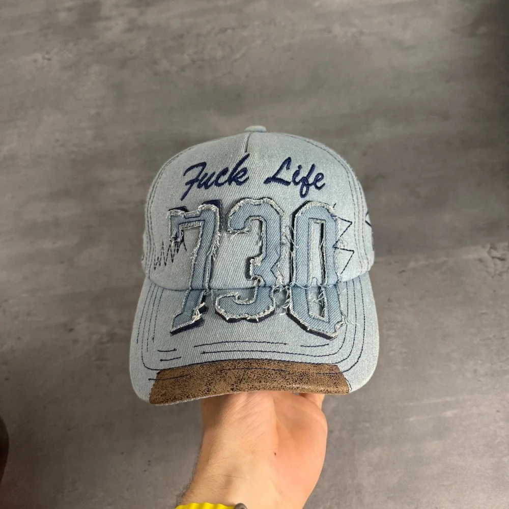 Asspizza‎ 730 F*** Life Hat Light Blue Denim Distressed Austin Babbitt Star Cap